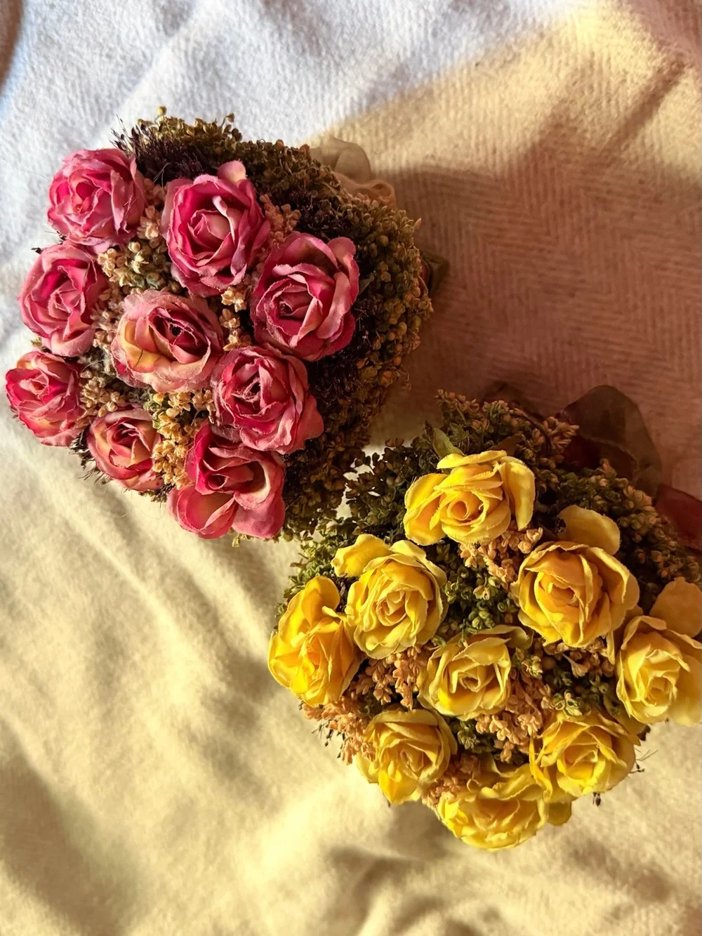 Handcrafted Pink and Yellow Rose Accent Pair - Decorative Floral Arrangement